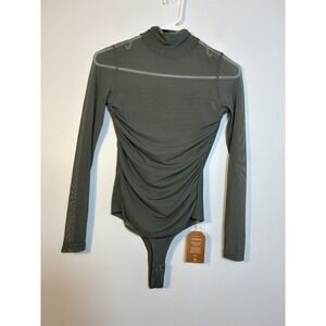 Reoria Body Suit Womens S Olive Green Mesh Neck Thong Shapewear Long Sleeve NEW!